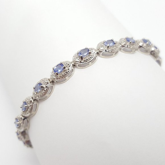 Unique 10K Karat Solid White Gold Designer Diamond & Tanzanite Tennis Bracelet - Picture 1 of 15
